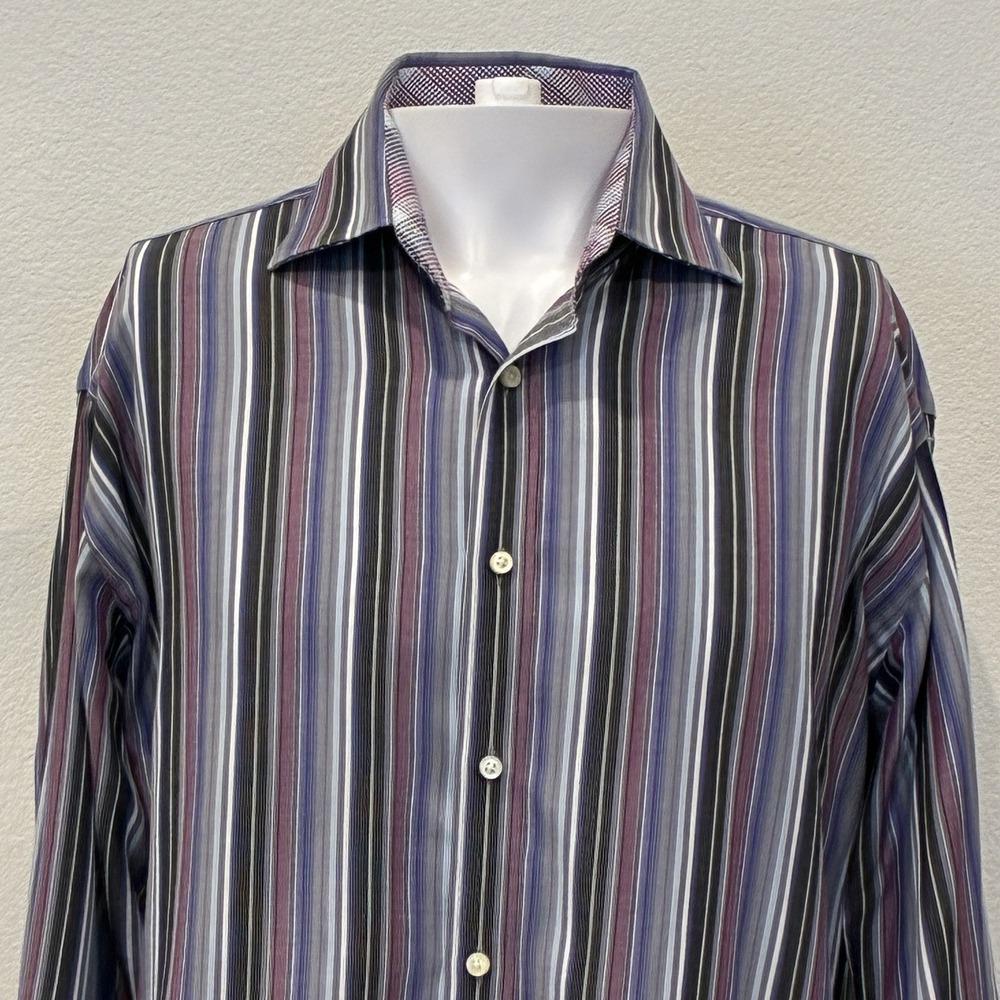Thomas Dean Long Sleeve Button Up Striped Shirt Men's XL Black/Purple Flip Cuff